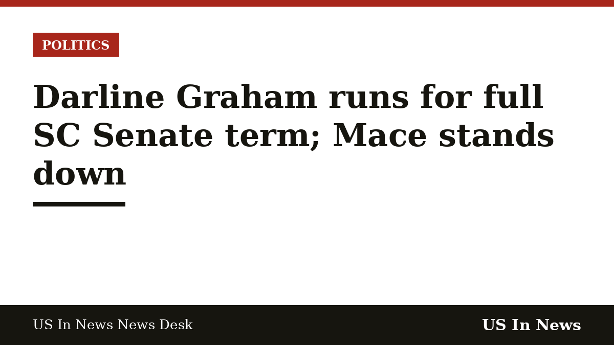 Headline card reading: Darline Graham runs for full SC Senate term; Mace stands down