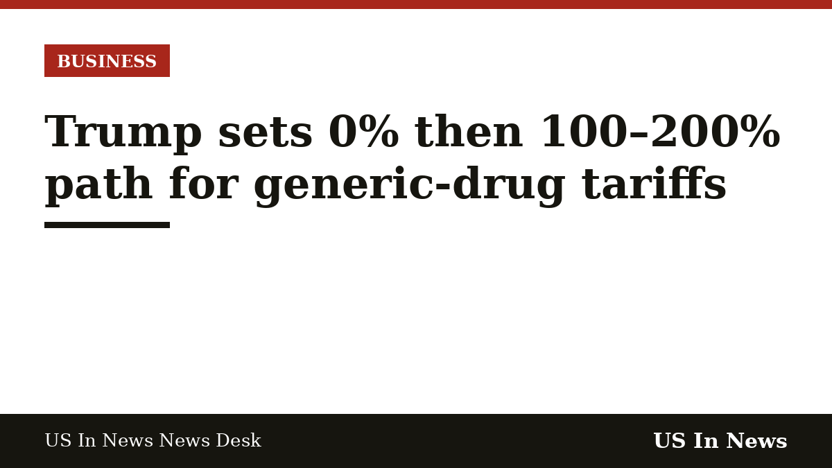Headline card reading: Trump sets 0% then 100–200% path for generic-drug tariffs