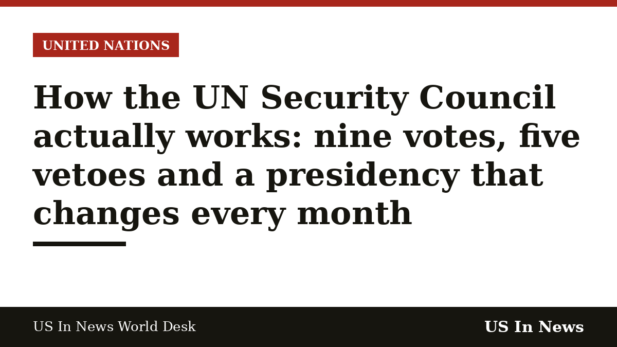 Headline card reading: How the UN Security Council actually works: nine votes, five vetoes and a presidency that changes every month