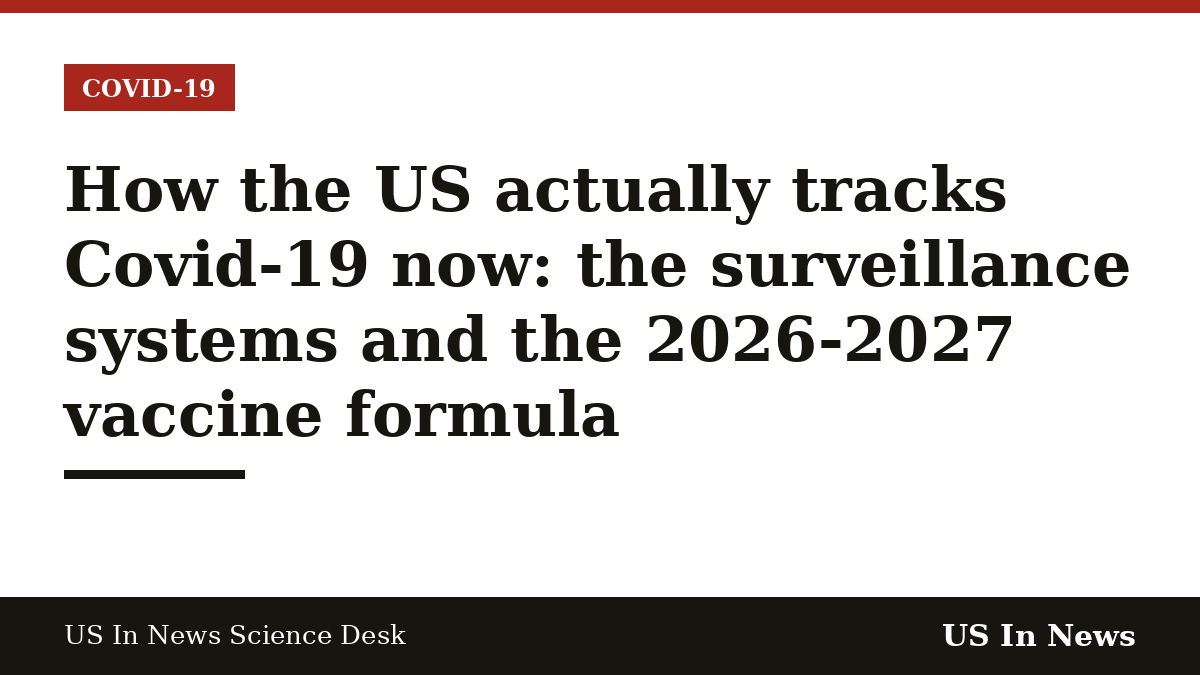 Headline card reading: How the US actually tracks Covid-19 now: the surveillance systems and the 2026-2027 vaccine formula