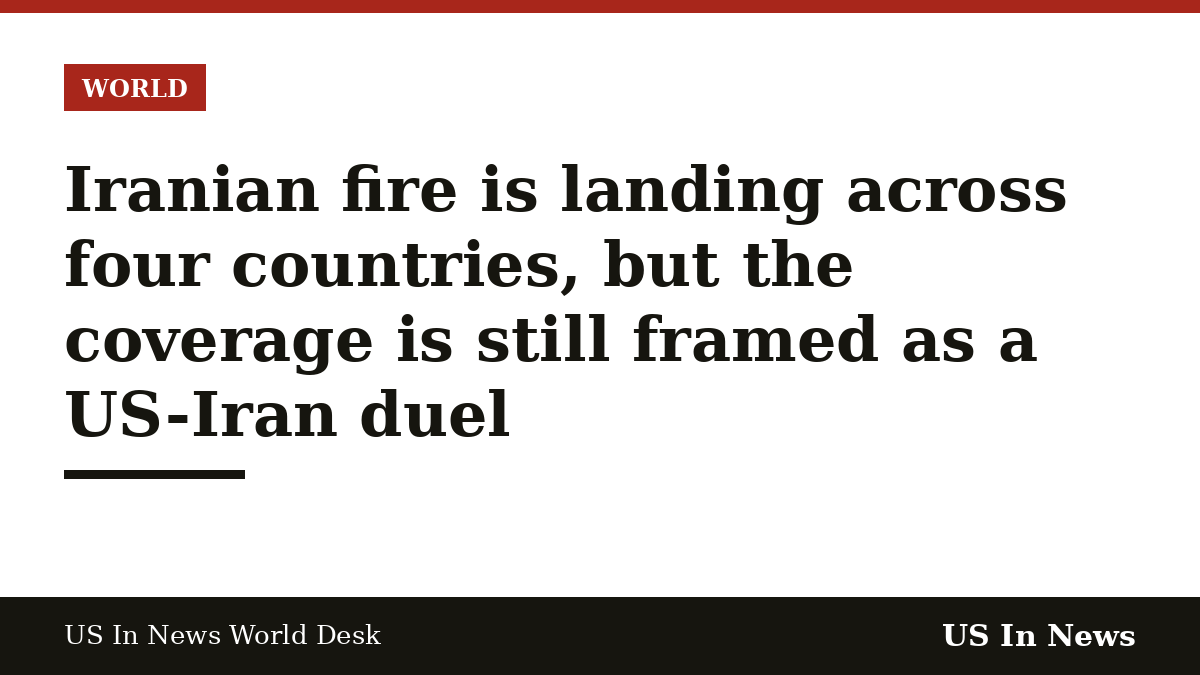 Headline card reading: Iranian fire is landing across four countries, but the coverage is still framed as a US-Iran duel