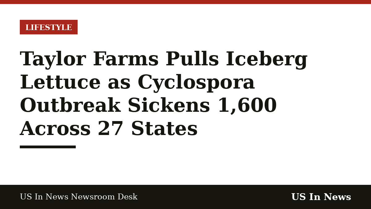 Headline card reading: Taylor Farms Pulls Iceberg Lettuce as Cyclospora Outbreak Sickens 1,600 Across 27 States